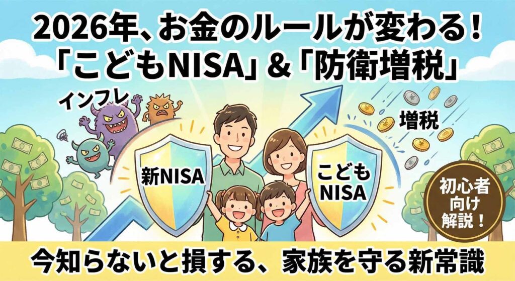 2026年税制改正とこどもNISAでインフレ・増税から資産を守る家族のイラスト