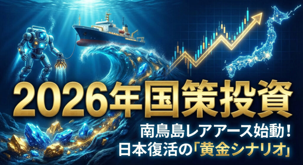 南鳥島レアアース開発のイメージ図。深海探査船「ちきゅう」と海底掘削ロボット、日本地図、右肩上がりの株価チャート。『2026年国策投資』のタイトル文字。