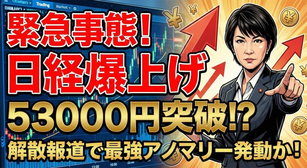 高市早苗総理のイラストと急騰する日経平均株価のチャート。「緊急事態！日経爆上げ53000円突破！？」の文字。2026年衆議院解散総選挙による株高アノマリー解説記事のアイキャッチ画像。